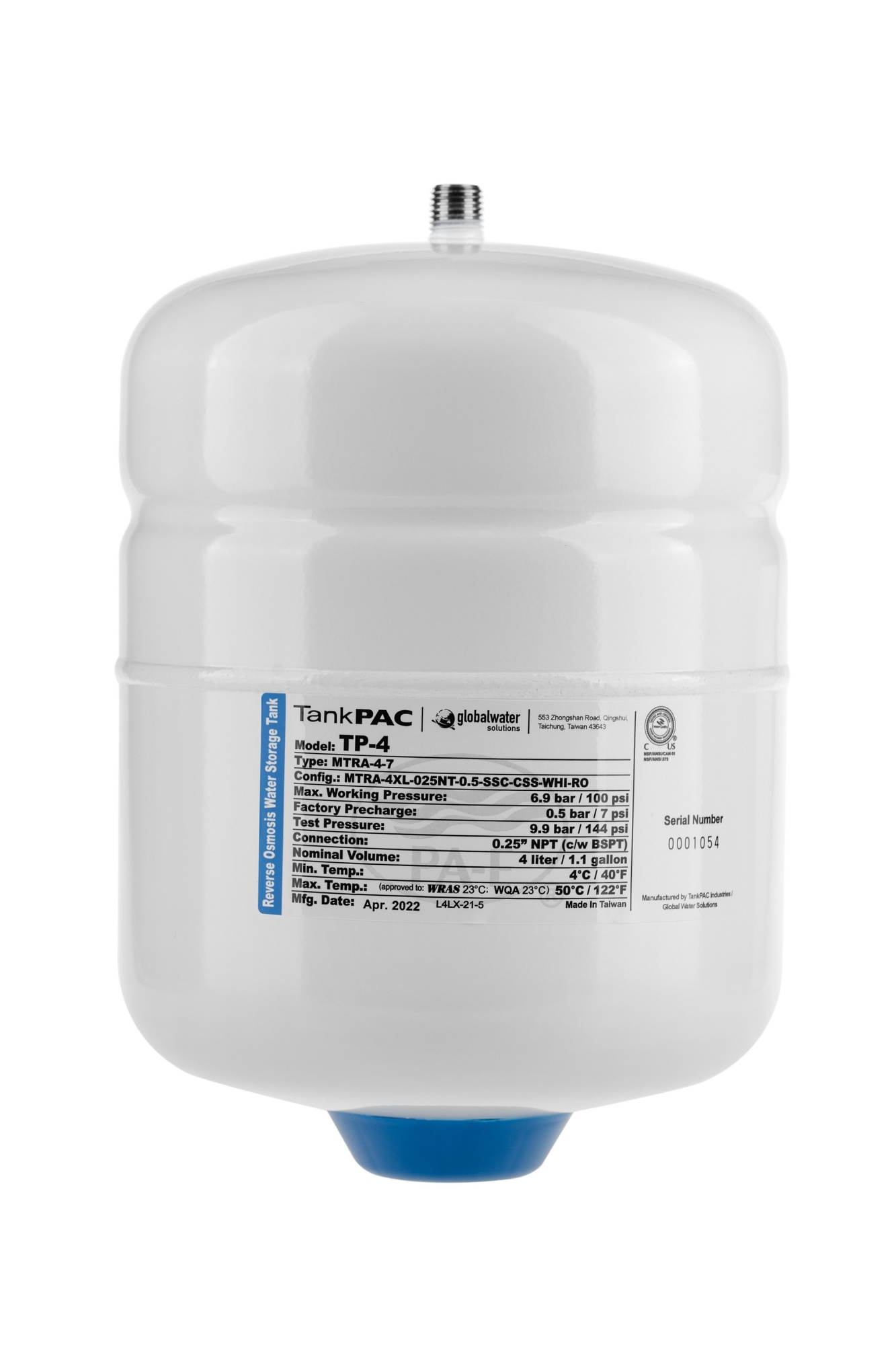 Накопительный бак TP-4 1 gal (4 л) TankPac metal  1/4'' NPT (кран в комплекте)